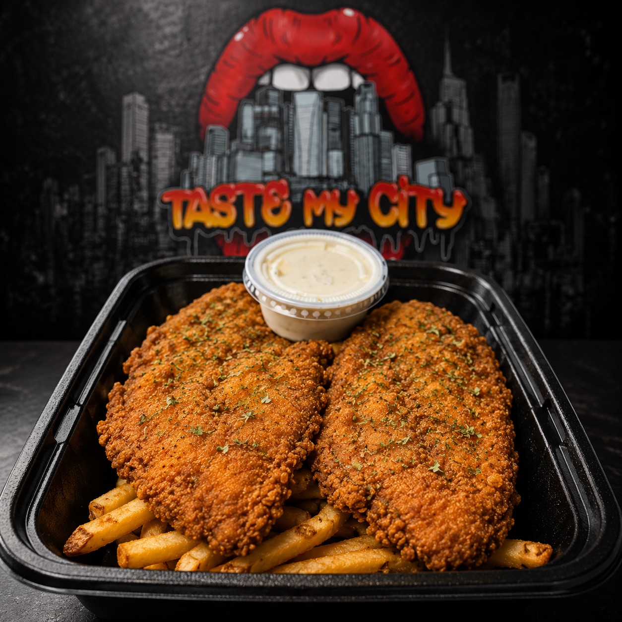 Fried catfish filets and a cup of sauce over fries in a Taste My City box