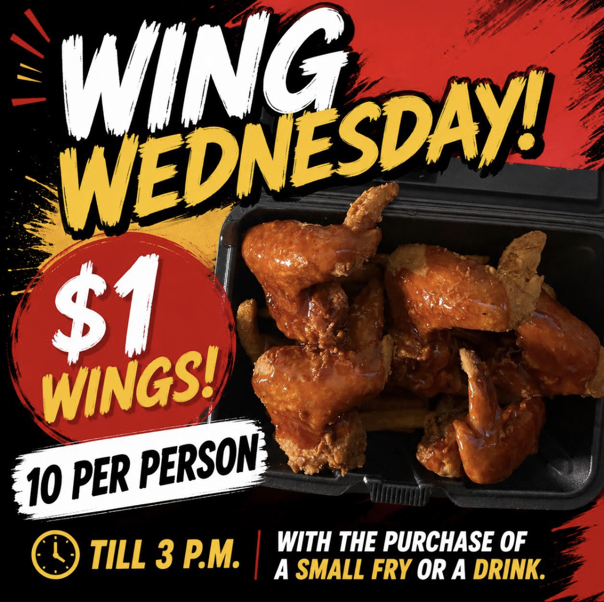 Wing Wednesday flyer for one-dollar whole wings until 3 PM with a qualifying purchase